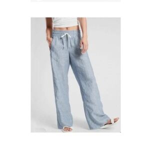Athleta‎ Cabo Linen Wide Leg Pants Women's Size 8 Blue Drawstring Elastic Waist